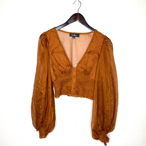 Lulus Brown Button-Front Smocked Crop Top - Picture 4 of 9